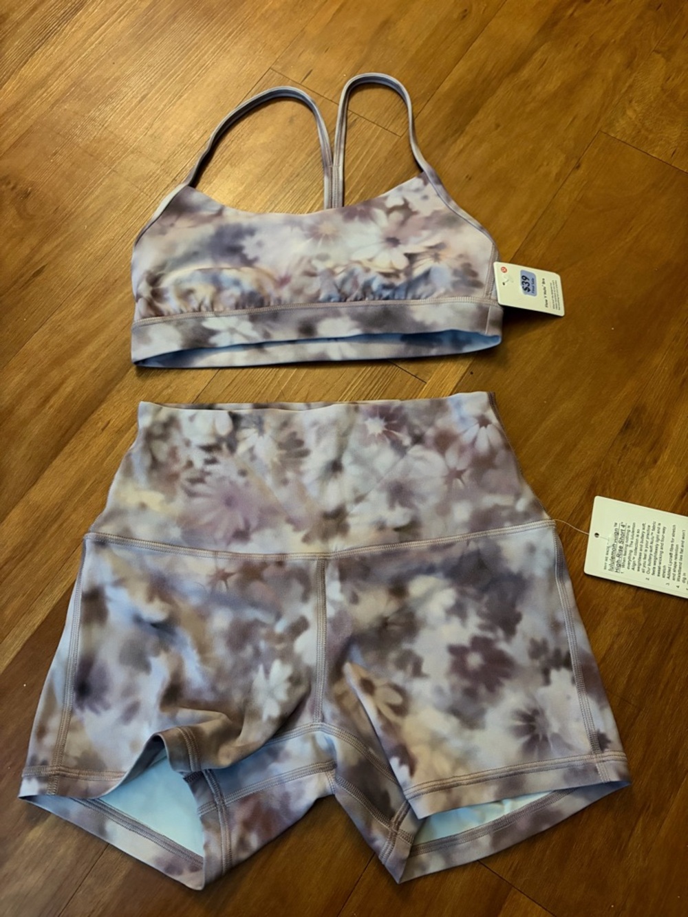 lululemon athletica Lavender Mauve Tie-Dye Floral Sports Bra & High-Waist Shorts